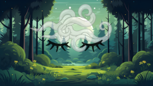 Stylized forest clearing with closed sleeping eyes formed from mist, symbolizing a suspended identity and awakening after injustice